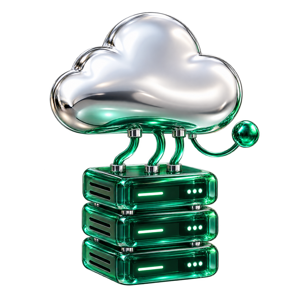 Ilustrasi cloud krom dan server kaca, melambangkan eksplorasi infrastruktur cloud